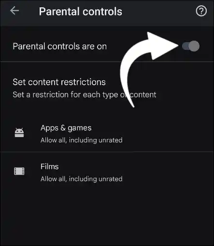 Google Play store Parental Controls Toggle