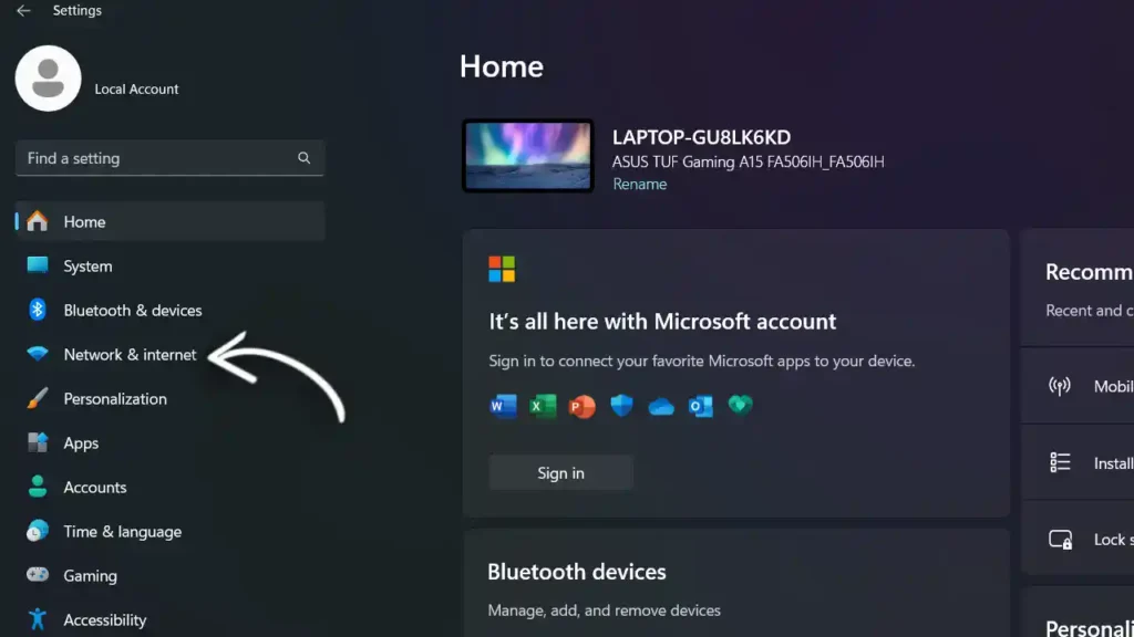 Network & Internet on Windows 11 Settings