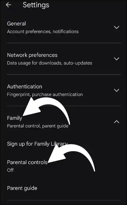 Play store Family Parental Controls