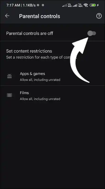 Play store Parental Controls Toggle