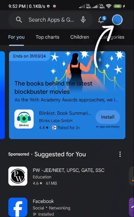 Play Store Profile Icon on Top Hamburger Menu