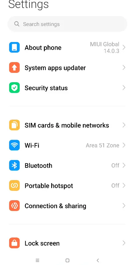Settings on Android Xiaomi