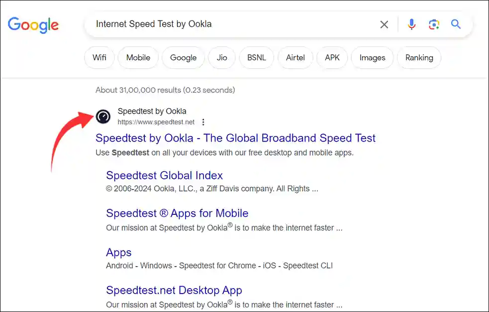 Speedtest.net google search