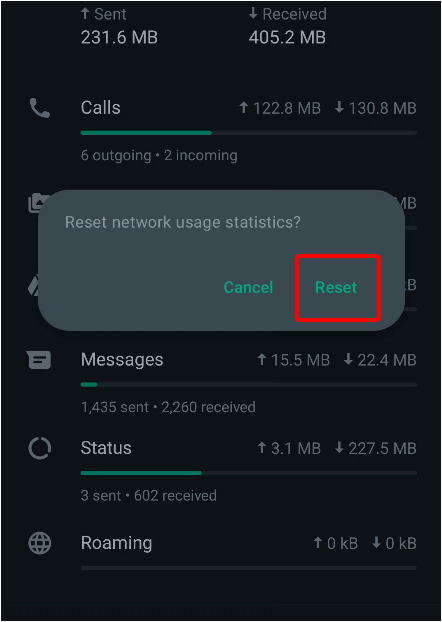 WhatsApp Reset Statistics Confirm