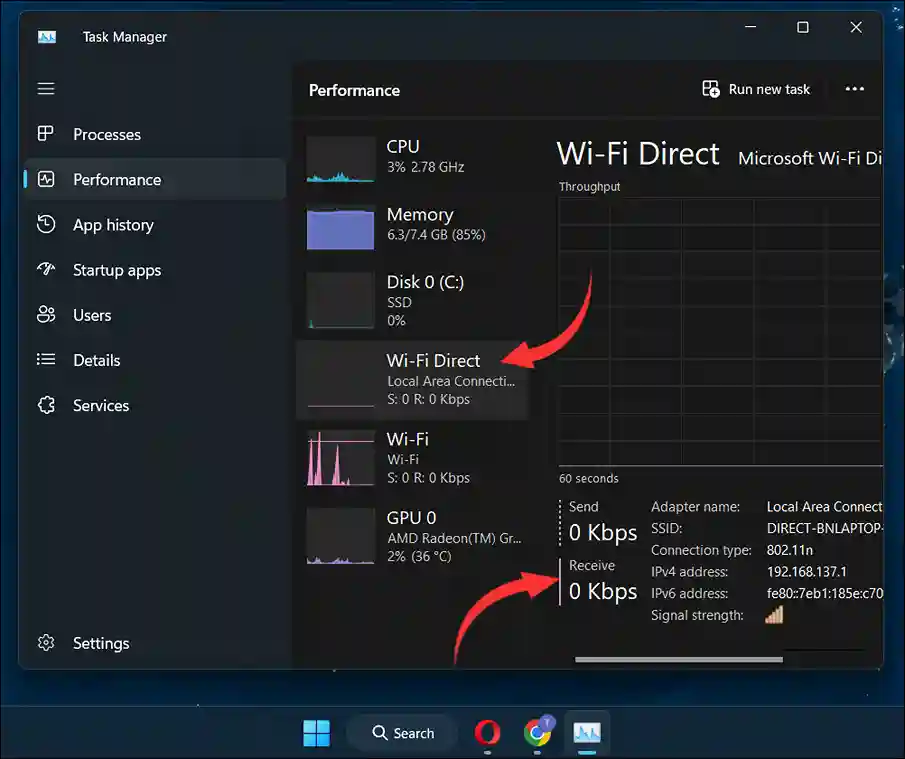 Wi-Fi direct in task manager