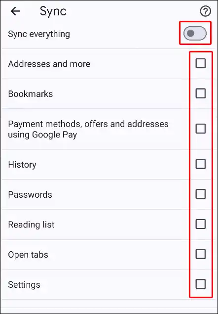 android google chrome sync everything toggle off