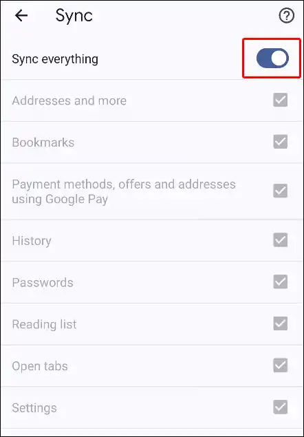 android google chrome sync everything toggle