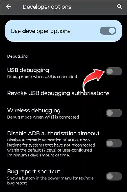 android usb debugging off option
