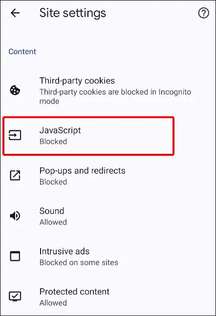 chrome site settings javascript