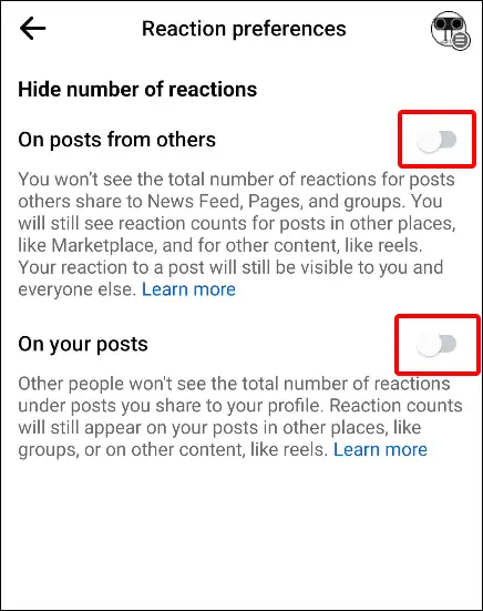 facebook app hide number of reactions