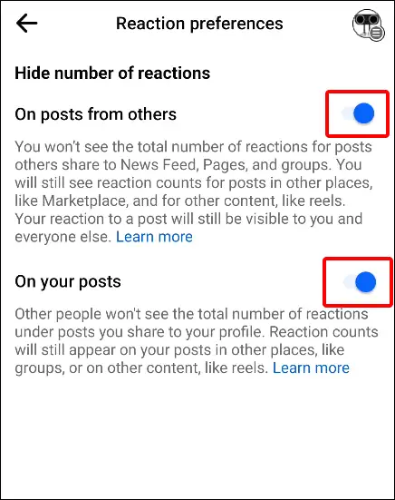 facebook app show number of reactions
