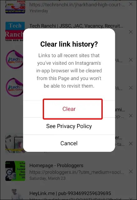 instagram app clear link history