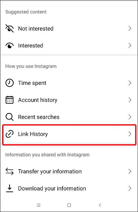 instagram app link history