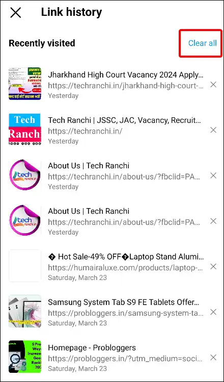 instagram app links recently visited clear all