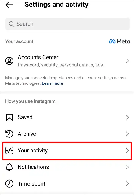 instagram app your activity settings