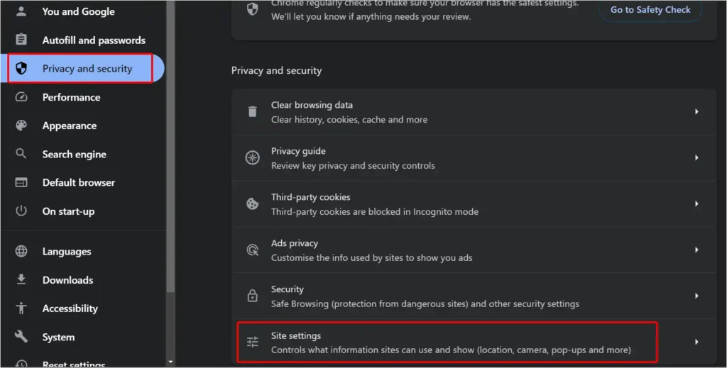 laptop chrome site settings