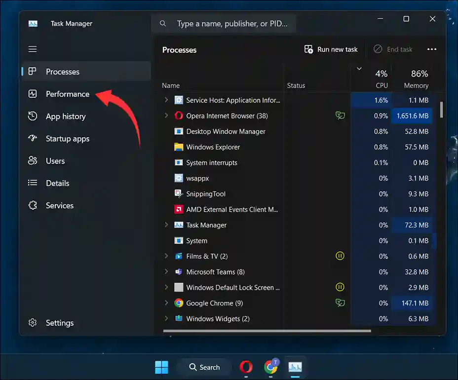 performance tab in task manager