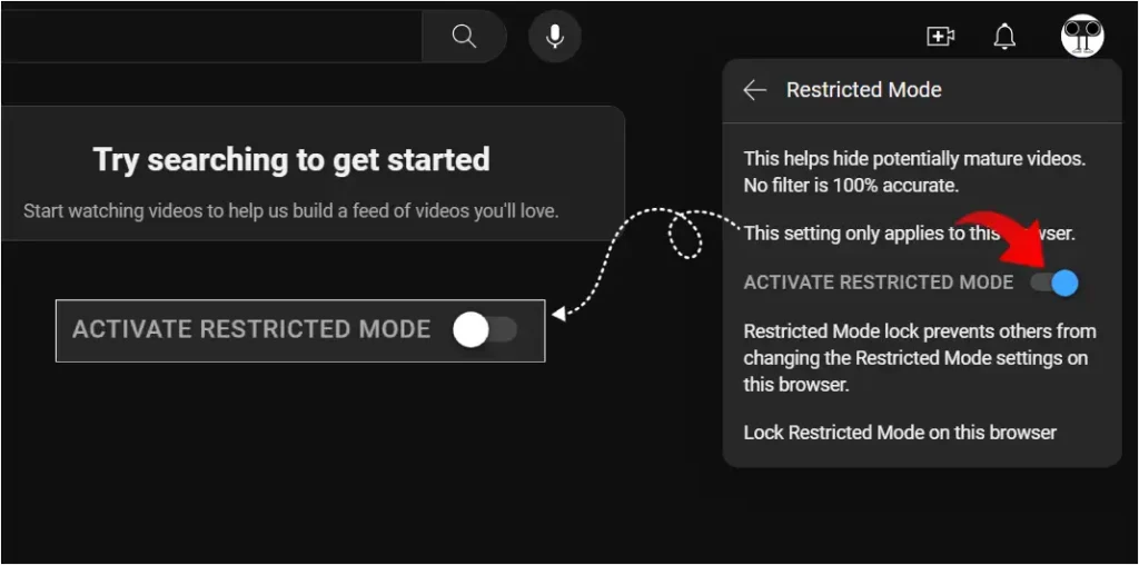 youtube website toggle off to disable restricted mode