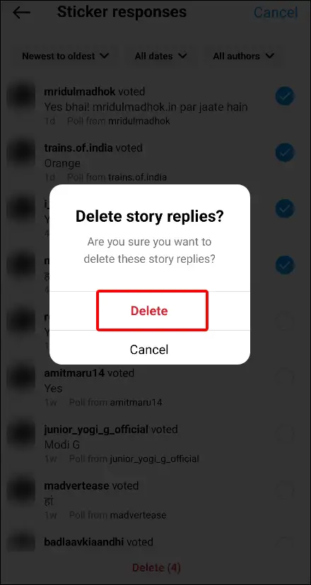 Instagram select responses delete