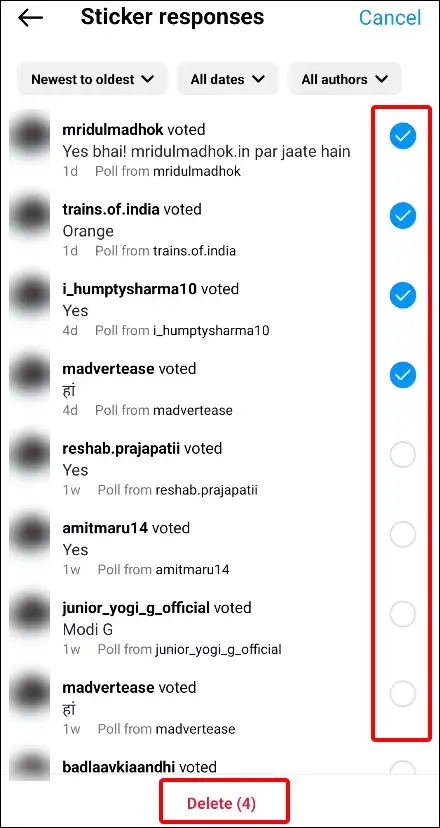 Instagram sticker responses delete button