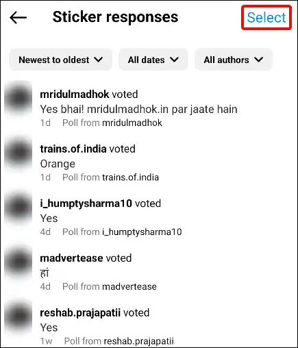 Instagram sticker responses select button