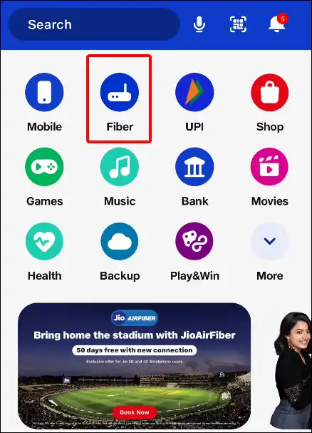 MyJio app fiber option