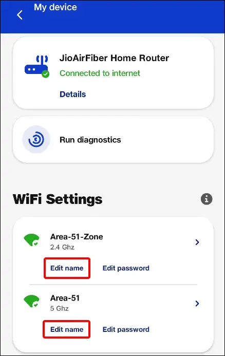 MyJio app my devices edit name