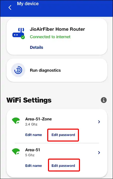 MyJio app my devices edit password