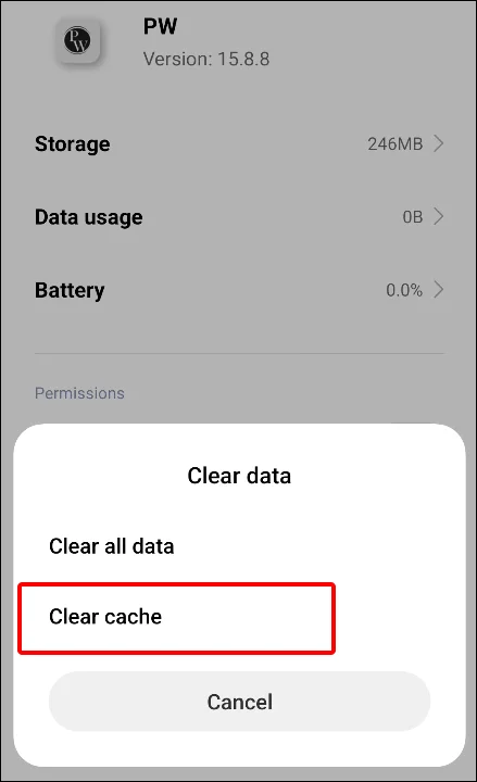 PW app clear cache