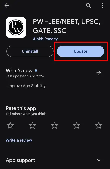 PW app update play store