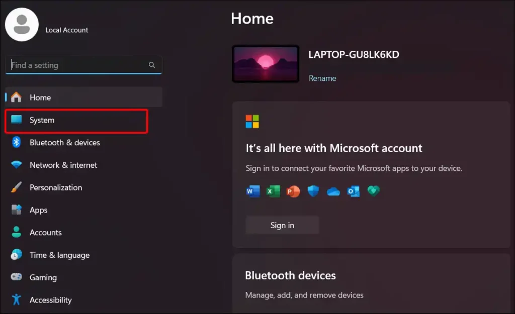 Windows 11 system settings