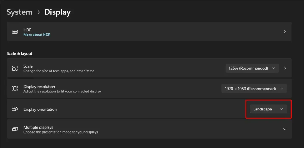 Windows 11 display orientation landscape dropdown