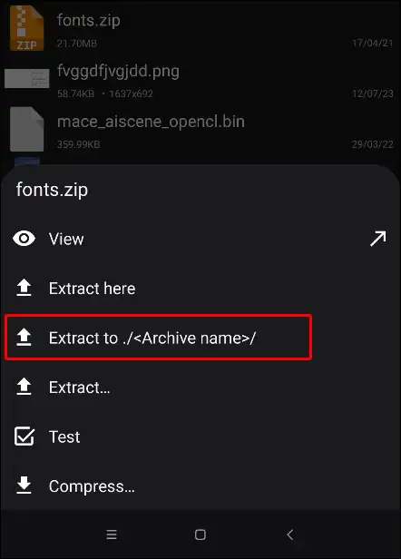 ZArchiver zip file extract to Archive name