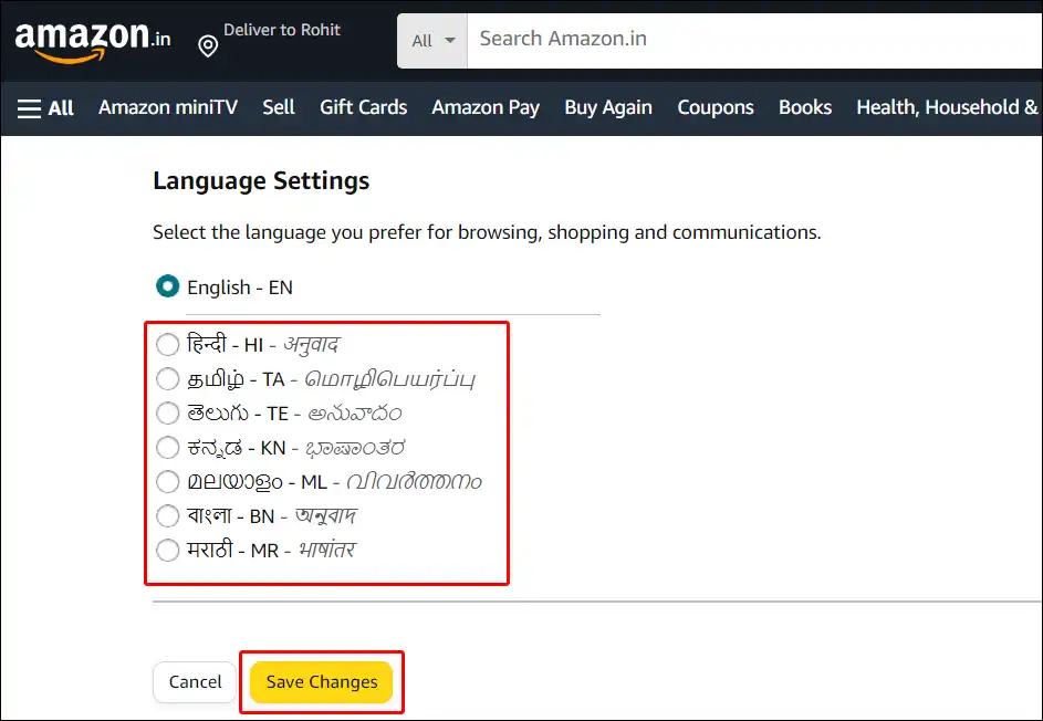 amazon website language save changes