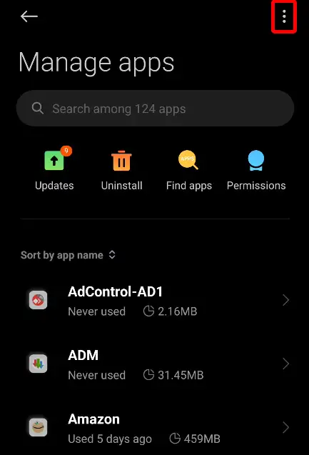 android manage apps settings three dots