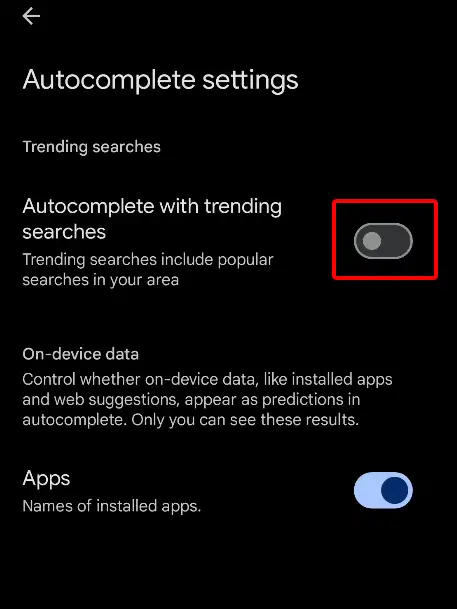 disable autocomplete with trending searches