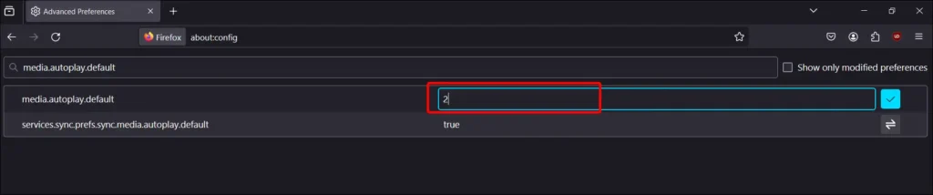 firefox media.autoplay.default change the value from 1 to 2