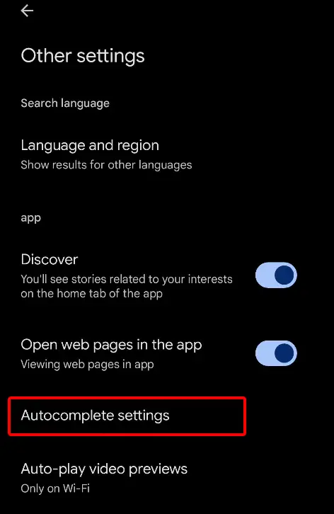 google app autocomplete settings