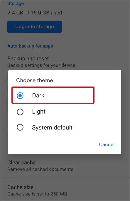 google drive app dark mode setting