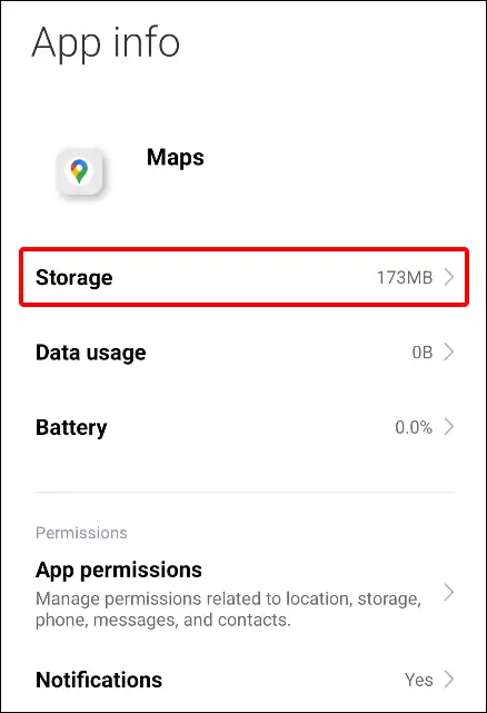 google maps app info storage