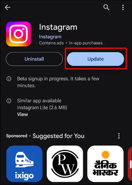 instagram app update play store