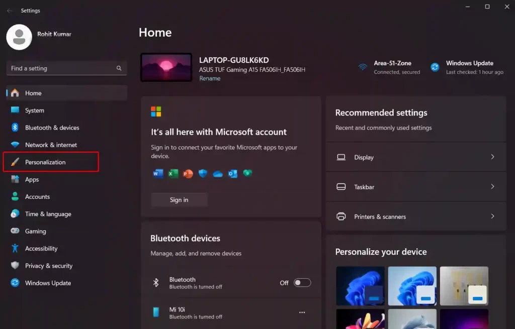 open personalization settings windows 11