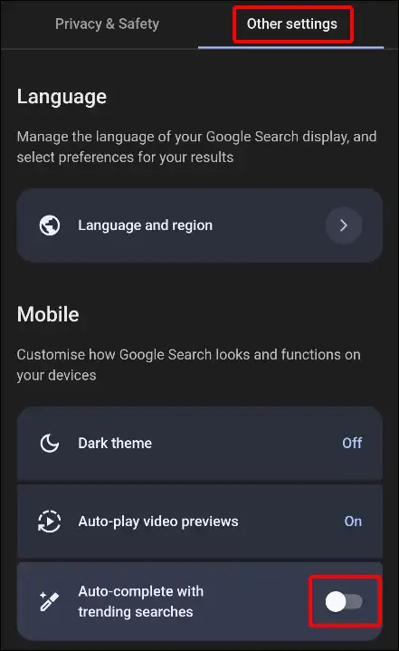 turn off auto-complete trending searches