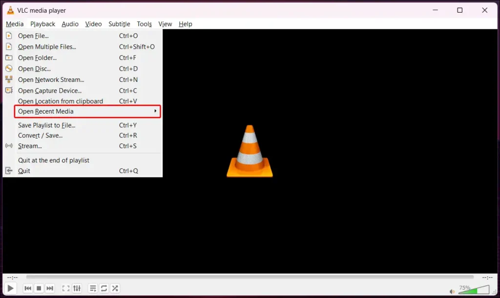 vlc player open recent media