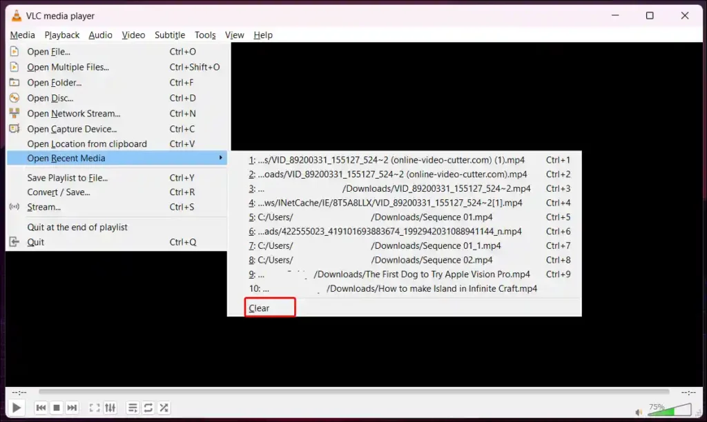 vlc player recently watched videos history clear