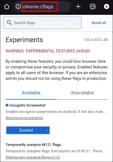 android chrome chrome://flags
