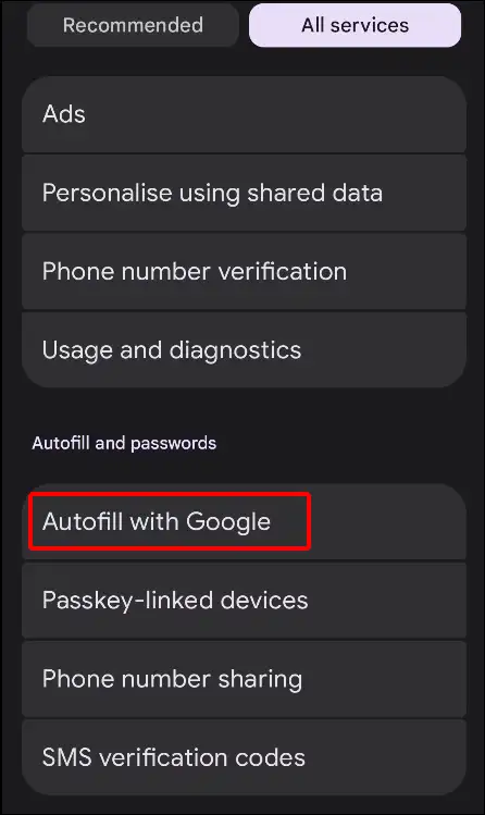 android settings autofill with google