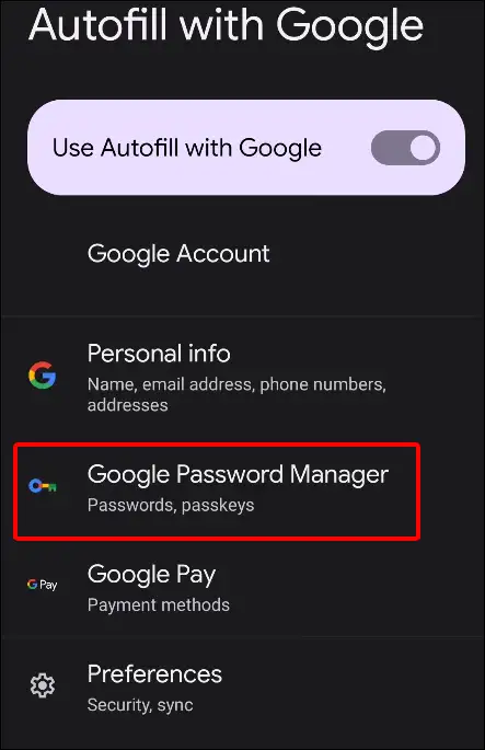 android settings google password manager