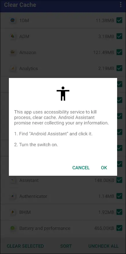 delete all apps cache on android at once