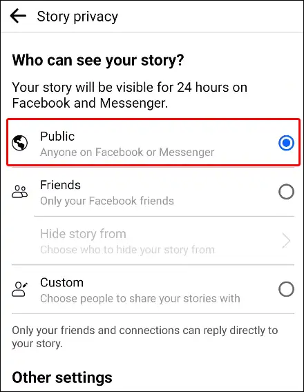 facebook story public setting